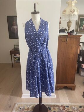 Evan Picone Blue & White Polka Dot Sleeveless Wrap Midi Dress